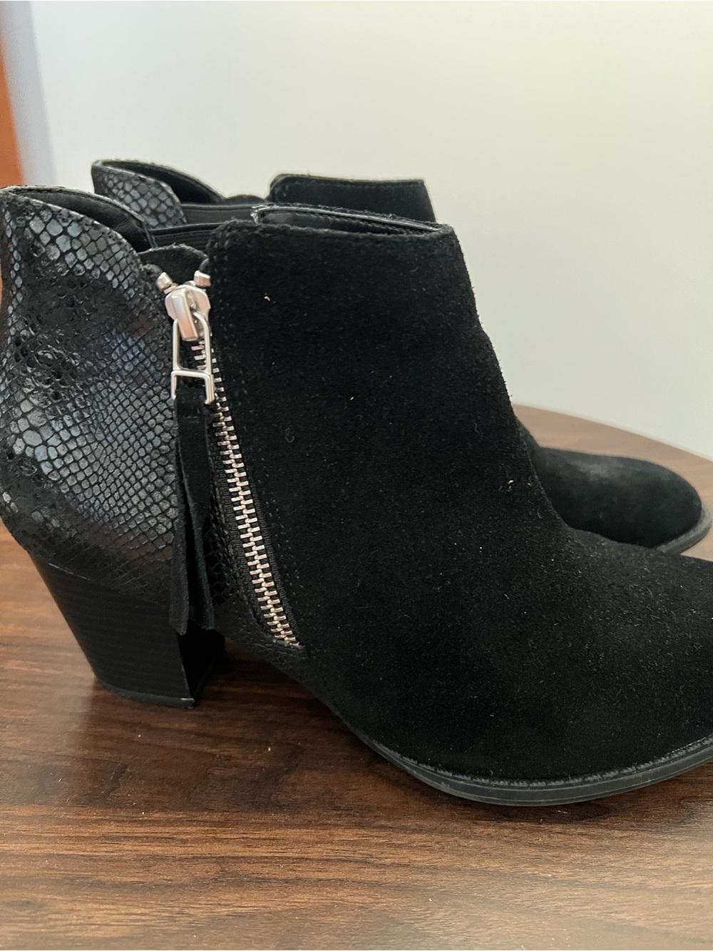 Vionic Black Suede Ankle Booties with Snake-Texture Heel